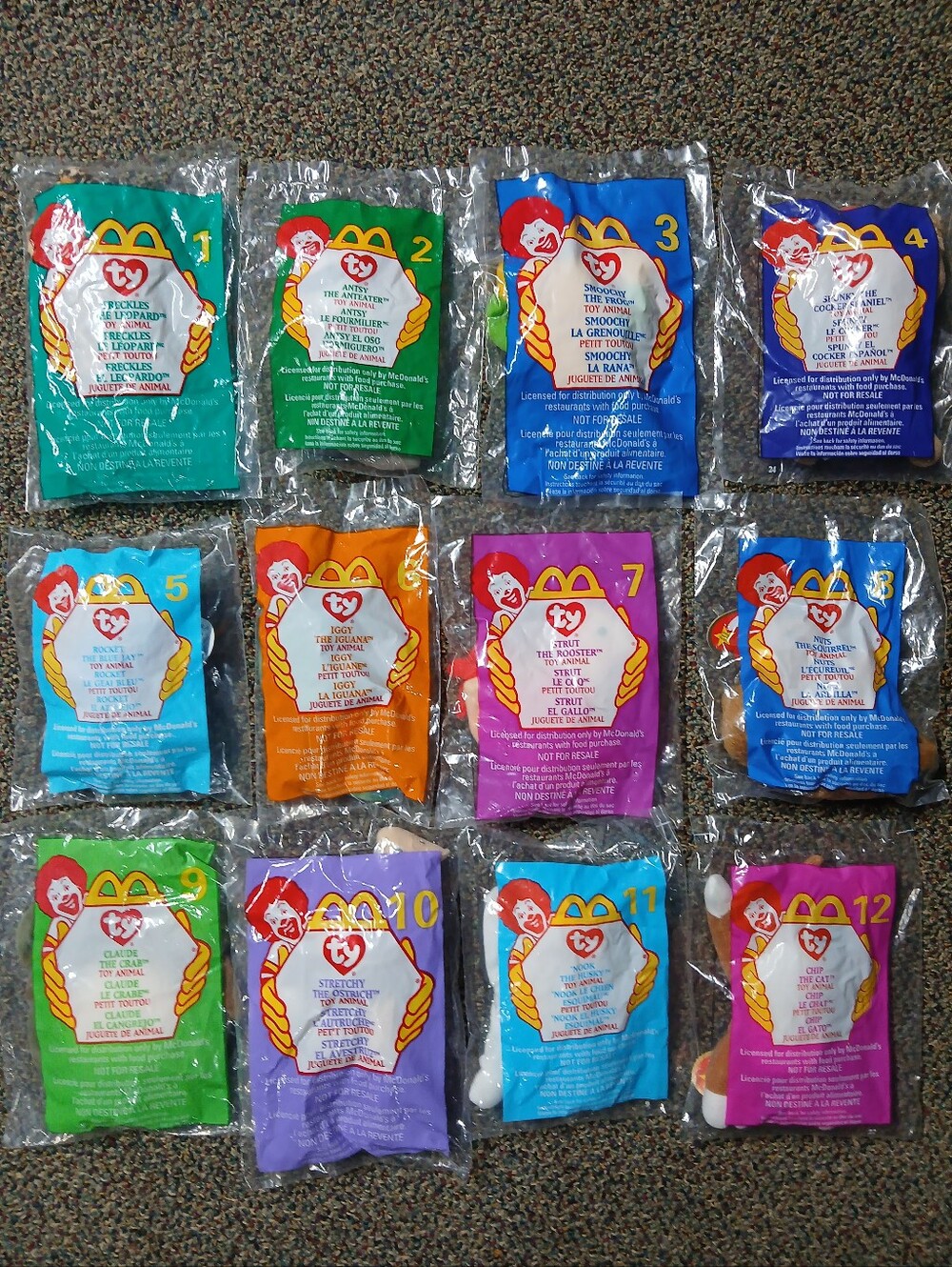 1999 McDonald's Ty Teenie Beanie Plush Set Of 12 Collectables With Rare Error